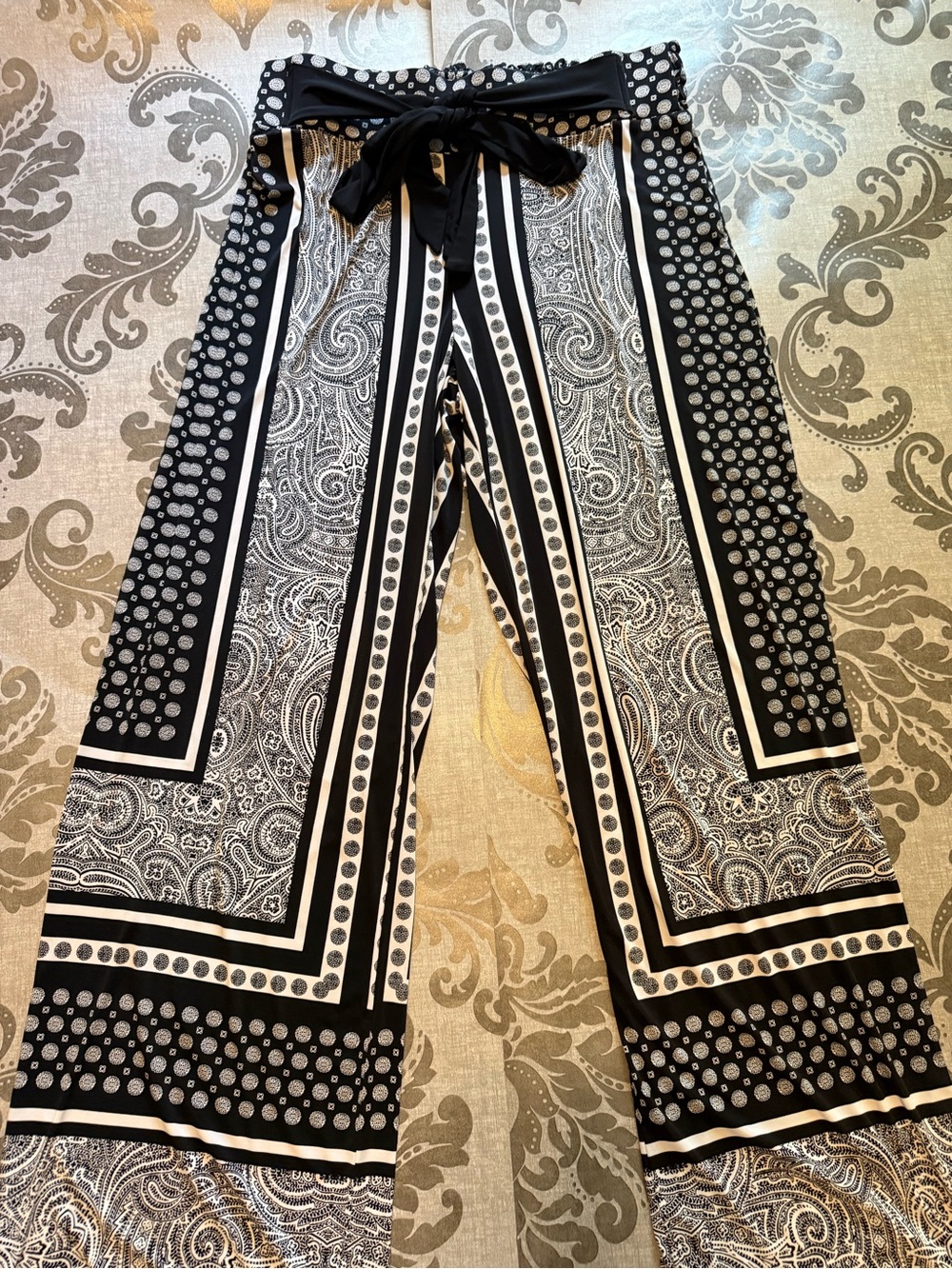 INC International Concepts Black & White Wide-Leg Tie Waist Pants